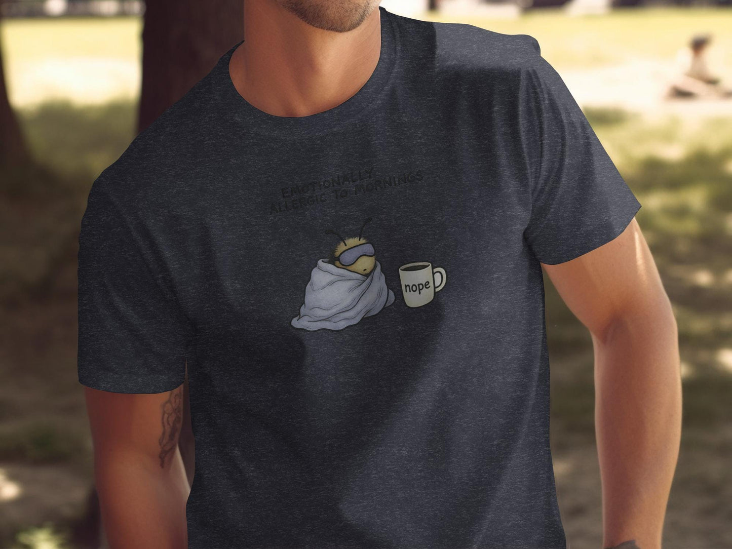Funny T-Shirt for Men, Emotionally Allergic to Mornings, Nope Coffee Mug Graphic Tee, Casual Novelty Shirt, Gift for Him