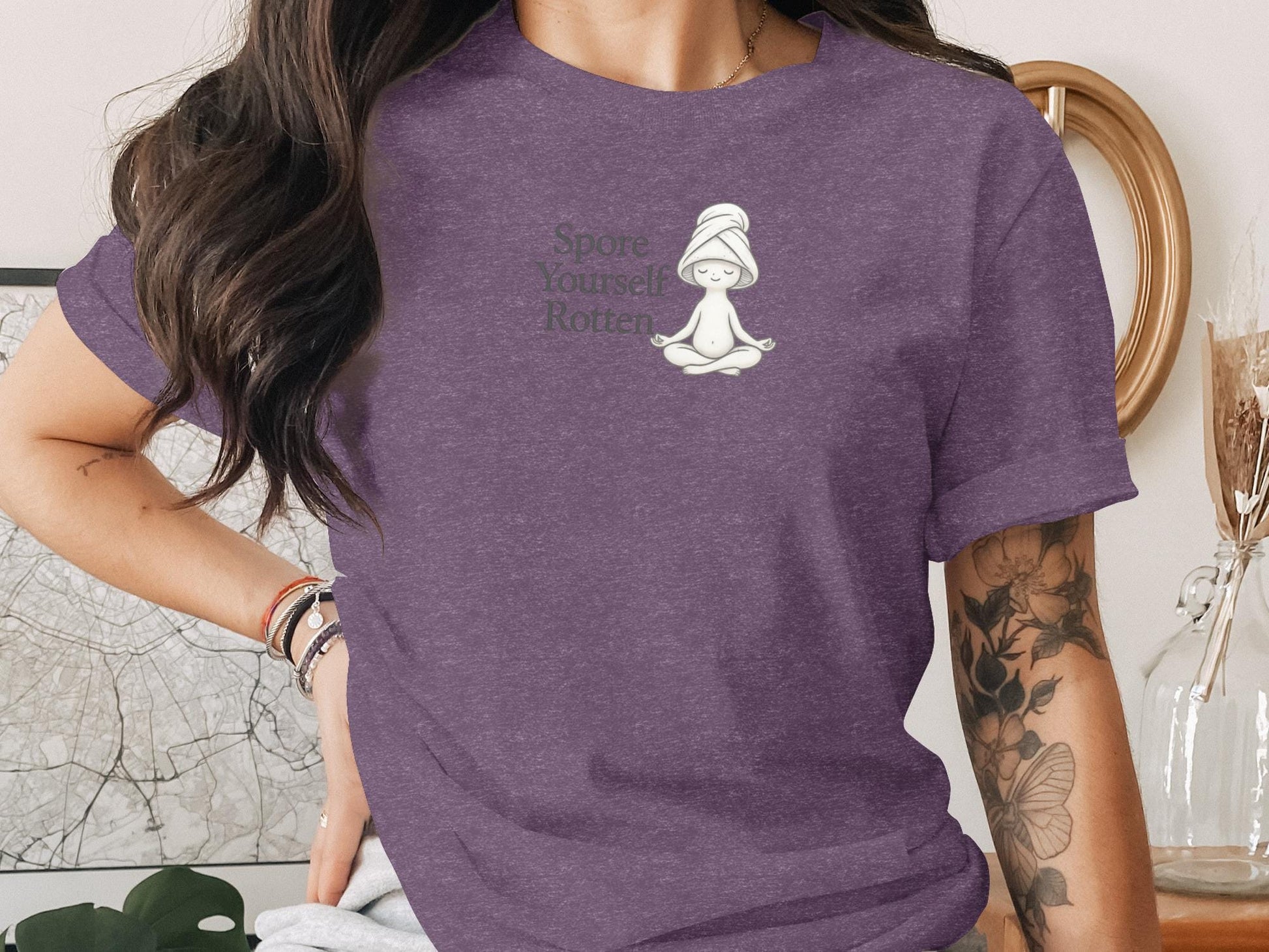 Cute Yoga Mushroom Graphic Tee, Zen Spore Yourself Rotten Shirt, Relaxed Fit Casual Top, Funny Mindfulness T-Shirt Gift Idea