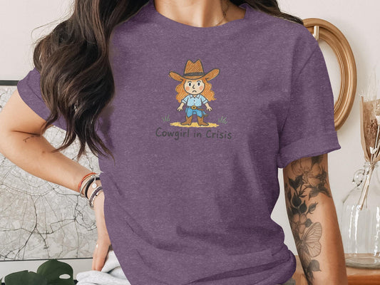 Funny Graphic Tee, Cowgirl in Crisis Shirt, Cute Cartoon T-Shirt, Humorous Southern Apparel, Western Wear, Casual Top for Women